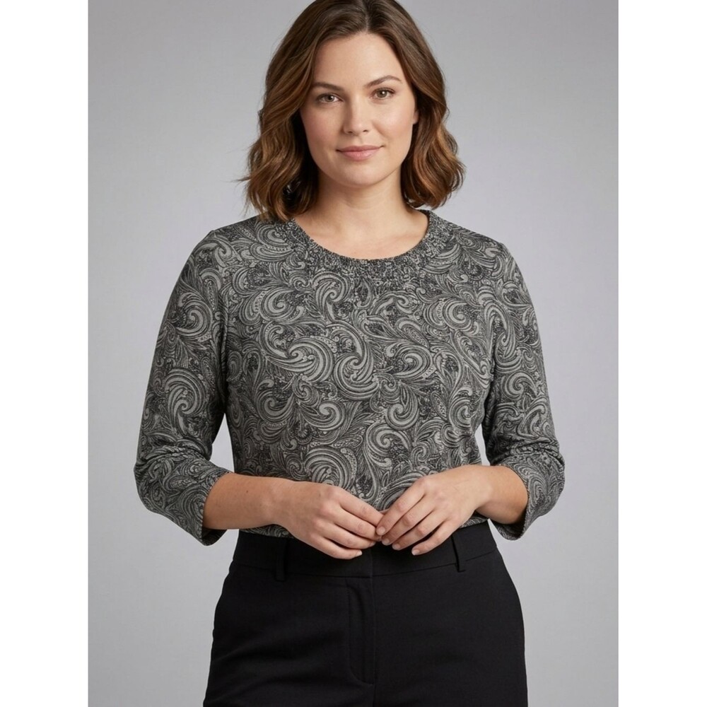 Croft & Barrow Petite Paisley Print 3/4 Sleeve Blouse Black Gray PM